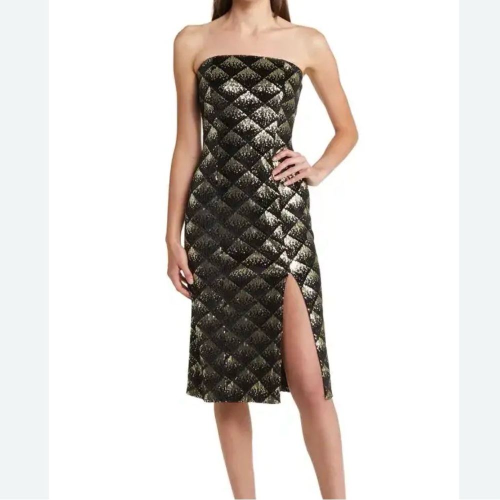 Chelsea28 Black and Gold Sequins Strapless Cocktail Dress Size Medium